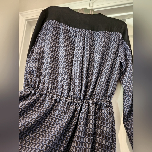 SEA New York SILK Cross Over Neck Tie Drawstring Waist LS Blue Black Dress EUC 6 - Picture 12 of 16